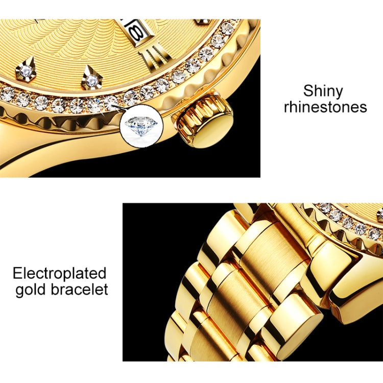 Gold-tone bracelet detail with polished links and rhinestone bezel accents