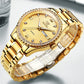 Gold-tone men’s quartz watch with rhinestone bezel, textured dial, and metal band