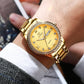 Gold-tone men’s quartz watch on wrist with rhinestone bezel and link bracelet