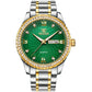 Two-tone stainless steel wristwatch with green dial, crystal bezel, and Roman numerals