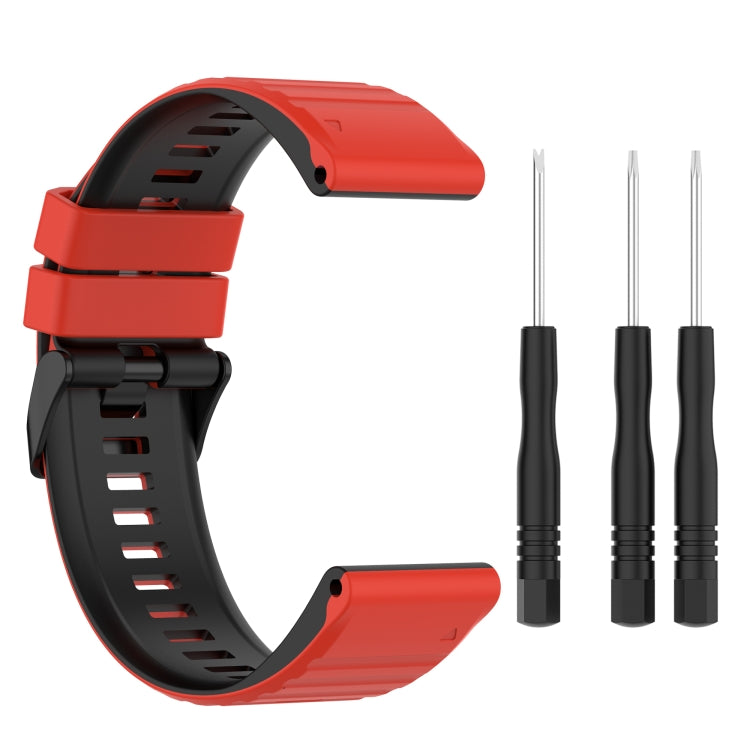Two-tone silicone watch band with red strap and black underside, plus installation pins