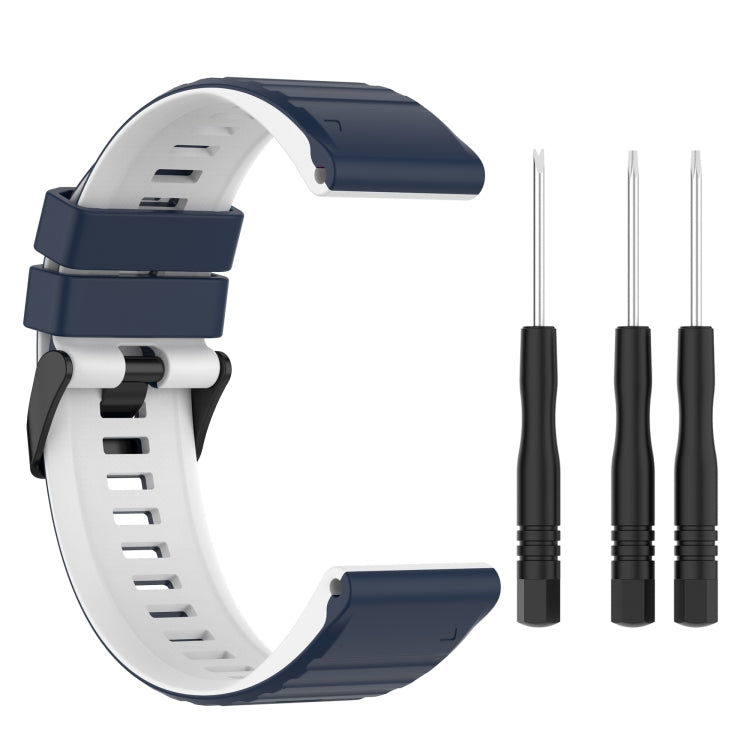 Two-tone silicone watch band with white strap, dark blue underside, and included pins