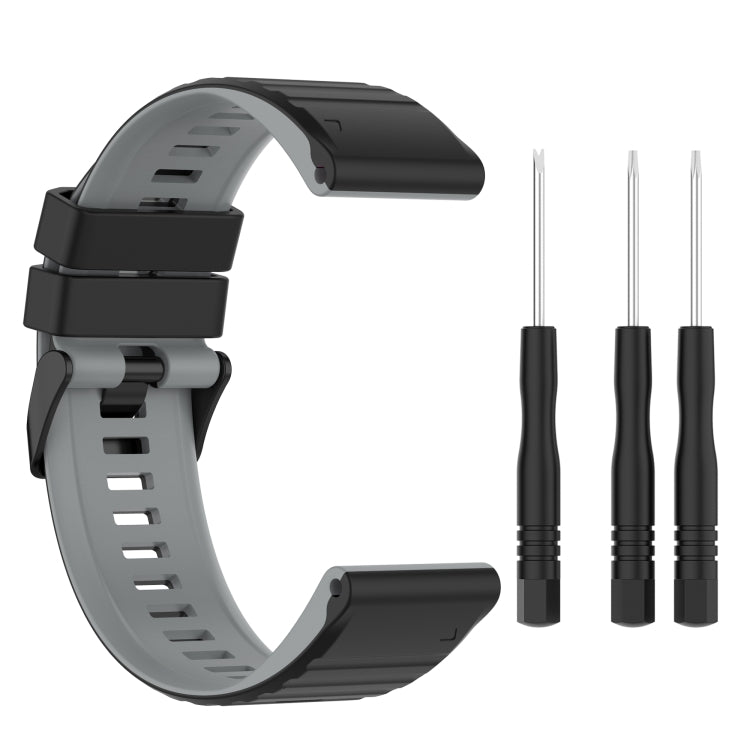 Two-tone silicone watch band, gray and black, with metal spring bar pins