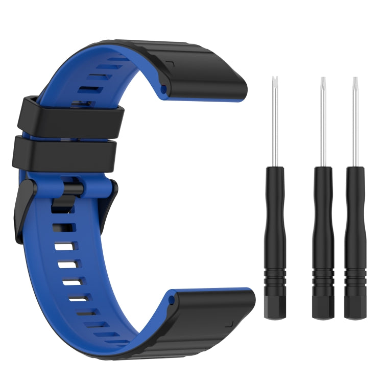 Two-tone silicone watch band, blue and black, with metal spring bar pins