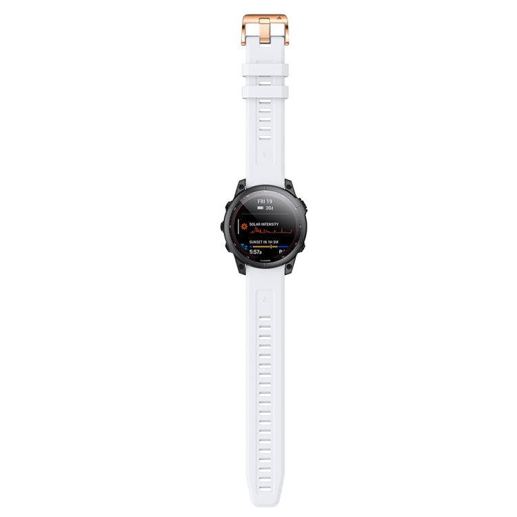 White silicone watch band with rose-gold buckle for Garmin Fenix 7S, vertical view