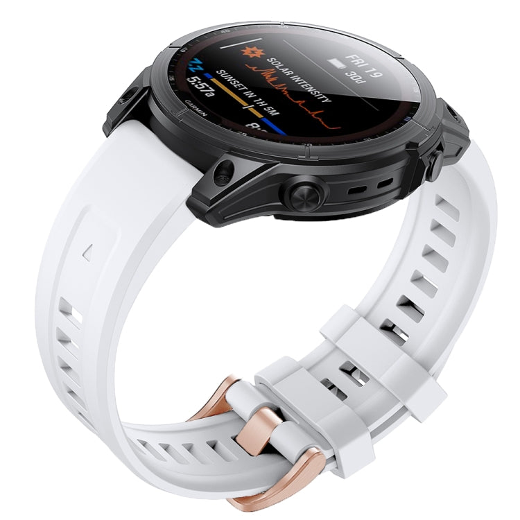 White silicone watch band with rose-gold buckle and perforated design for Garmin Fenix 7S