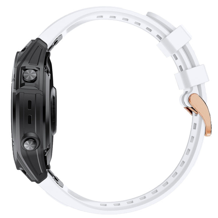 White silicone watch band with rose-gold buckle and black clasp ends for Garmin Fenix 7S