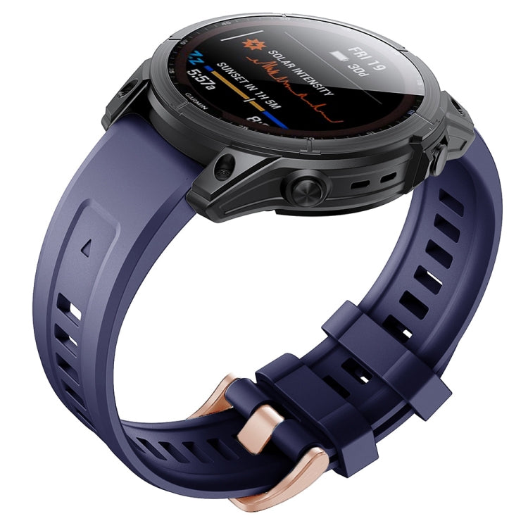 Dark blue silicone watch band with rose-gold buckle, for Garmin smartwatch