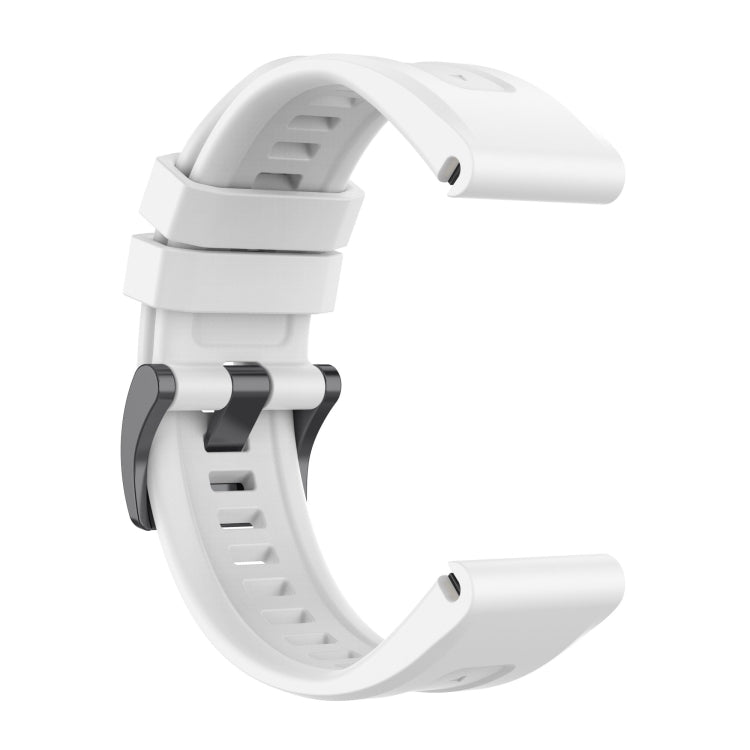 White silicone watch band with quick-release clasp and adjustment holes, side view