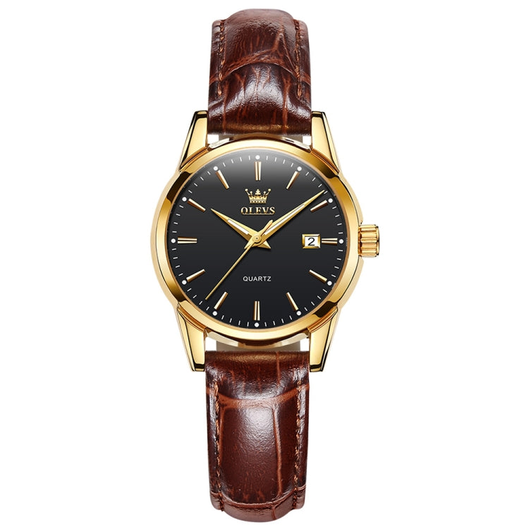 Brown leather strap quartz wristwatch with black dial and gold-tone case