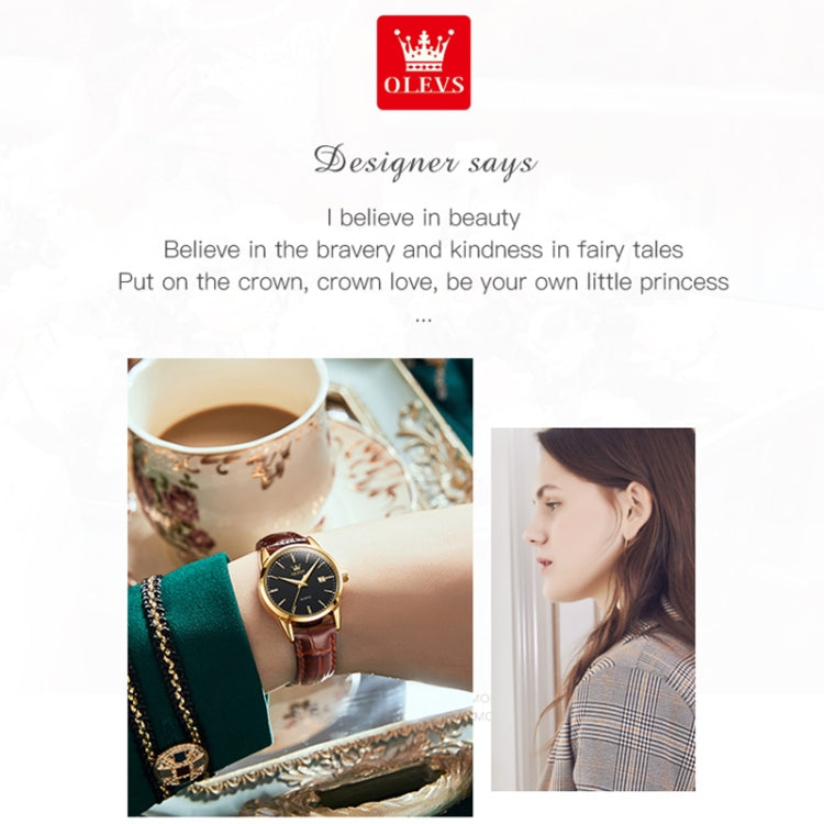 Women's wristwatch with brown leather strap and black dial, gold-tone bezel