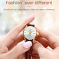 Women's quartz wristwatch with brown leather strap and white dial, gold-tone case