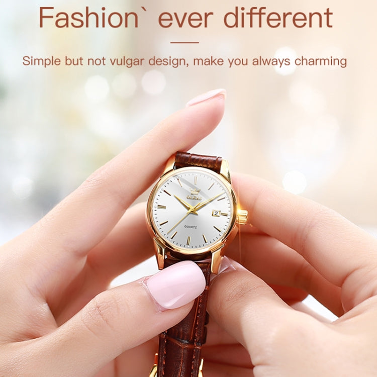 Women's quartz wristwatch with brown leather strap and white dial, gold-tone case