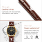 Brown leather watch strap with matching wristwatch featuring a black dial and gold-tone case
