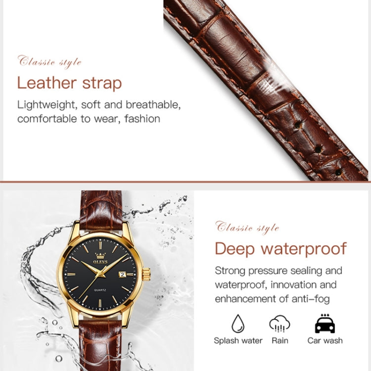 Brown leather watch strap with matching wristwatch featuring a black dial and gold-tone case