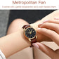 Women's wristwatch with brown leather strap and black dial, gold-tone bezel