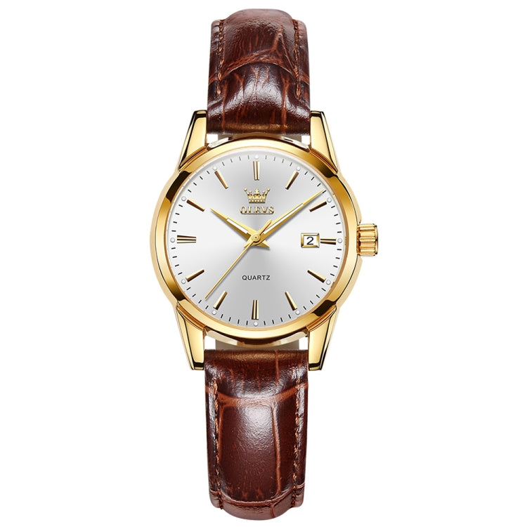 Women’s dual-calendar quartz waterproof watch, white dial, brown leather strap, gold case