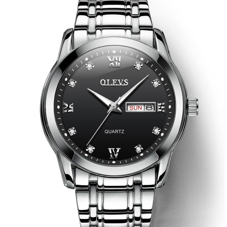 Men's OLEVS quartz watch with black dial, Roman numerals, date window, steel bracelet.