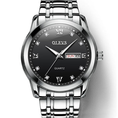 Men's OLEVS quartz watch with black dial, Roman numerals, date window, steel bracelet.