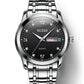 Men's OLEVS quartz watch front view, black dial with Roman numerals and date window.