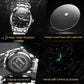 Men's OLEVS quartz watch with black dial, luminous markers, steel bracelet, date window.