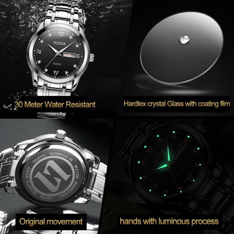 Men's OLEVS quartz watch with black dial, luminous markers, steel bracelet, date window.