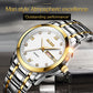 Men's OLEVS quartz watch with gold-tone bracelet, white dial, Roman numerals, date window.