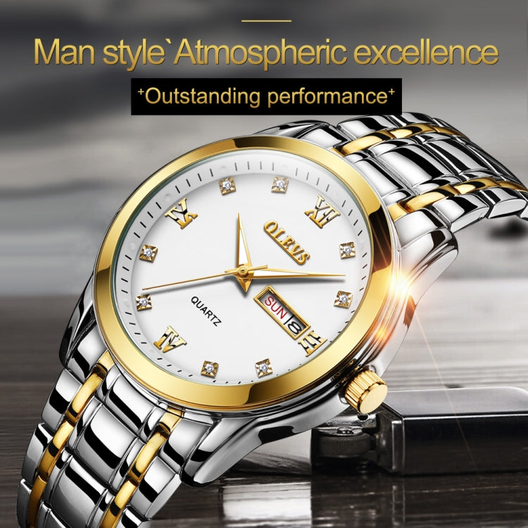 Men's OLEVS quartz watch with gold-tone bracelet, white dial, Roman numerals, date window.