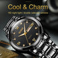 Men's OLEVS quartz watch with black dial, gold markers, luminous hands, date window.