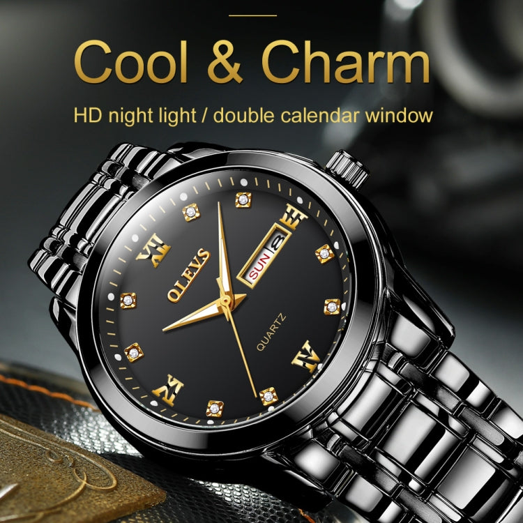 Men's OLEVS quartz watch with black dial, gold markers, luminous hands, date window.