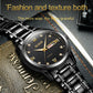 Men's OLEVS quartz watch with black dial, gold Roman numerals, date window, steel bracelet.