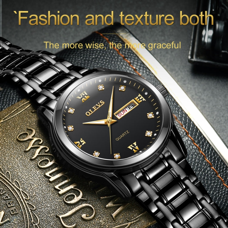 Men's OLEVS quartz watch with black dial, gold Roman numerals, date window, steel bracelet.