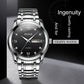 Men's OLEVS quartz watch with black dial, Roman numerals, date window, metal bracelet.