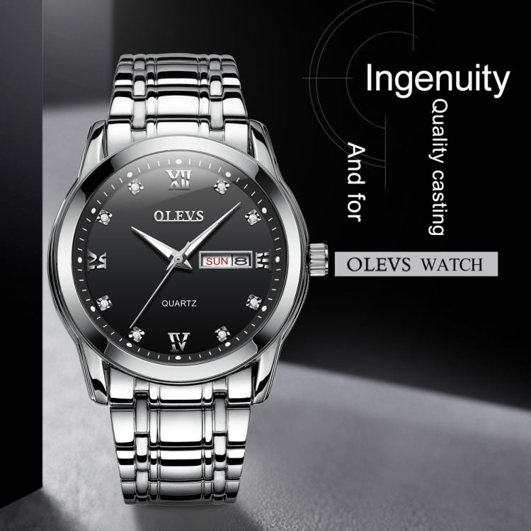 Men's OLEVS quartz watch with black dial, Roman numerals, date window, metal bracelet.