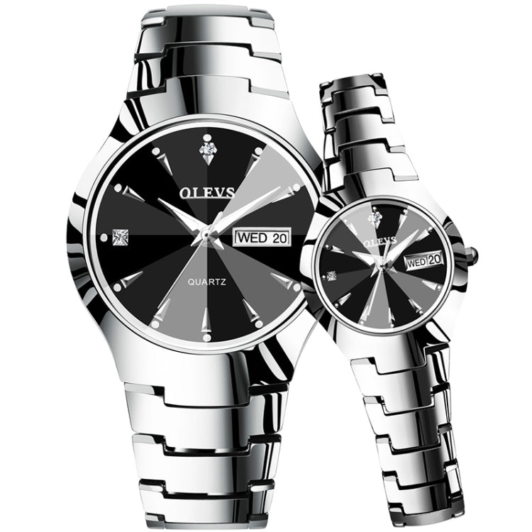 Couple quartz watches with black dials and silver metal link bracelets, luminous hour markers