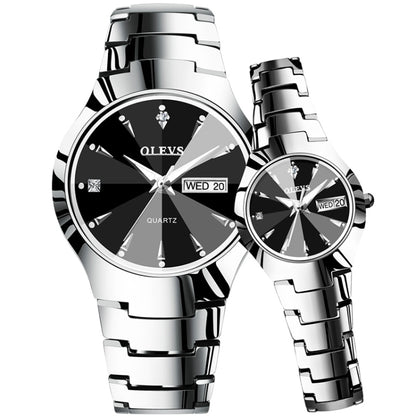 Couple quartz watches with black dials and silver metal link bracelets, luminous hour markers