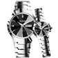Pair quartz watches with black dials, silver metal bracelets, and a visible date window