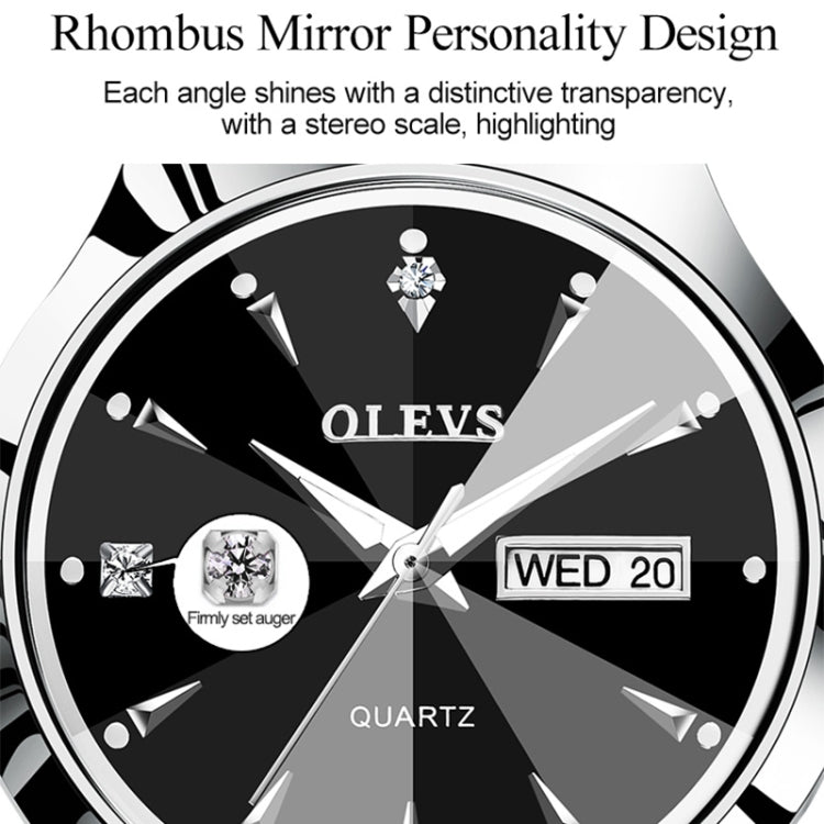 Black watch dial close-up with OLEVS logo, luminous hands, and 'WED 20' date window