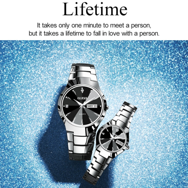 Couple quartz watches with black dial, silver bracelet, and luminous markers