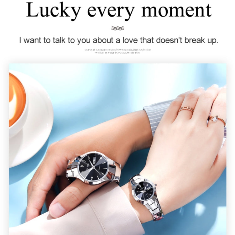 Couple quartz watches on wrists with black dials and silver metal link straps