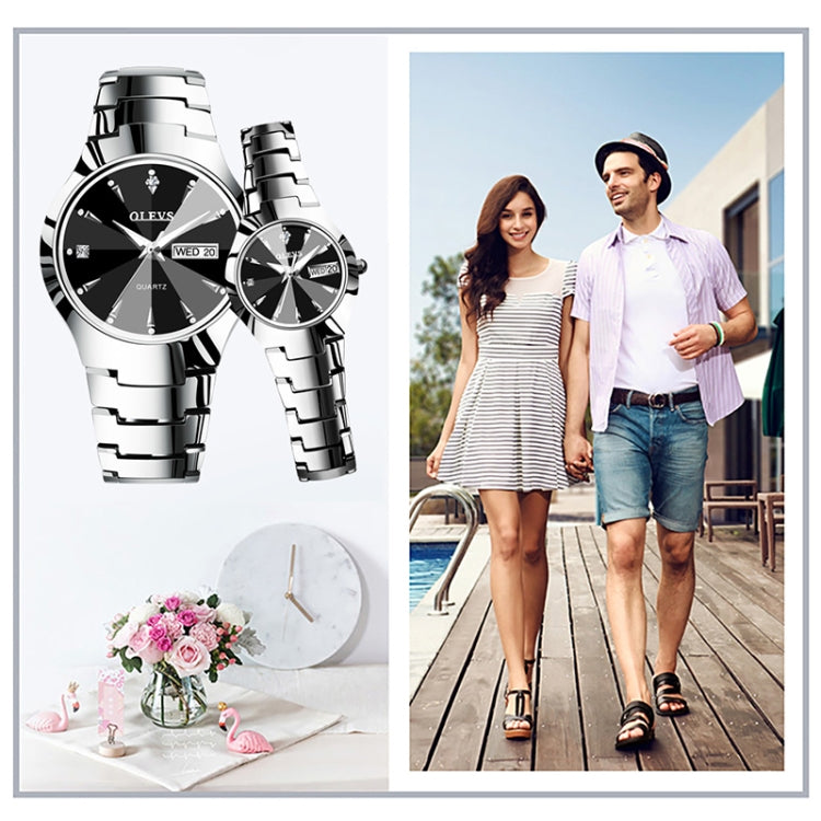 Couple watches with black dials and silver metal bracelets, one showing 'WED 20'