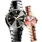 Couple wrist watches side by side: black dial with black strap and pink dial rose gold