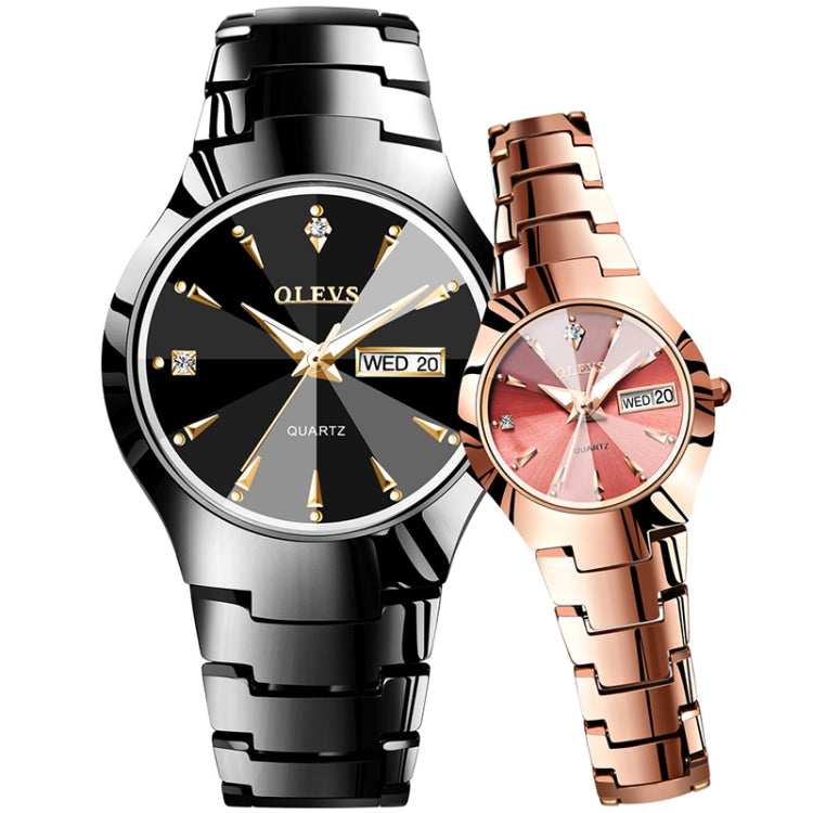 Couple wrist watches side by side: black dial with black strap and pink dial rose gold