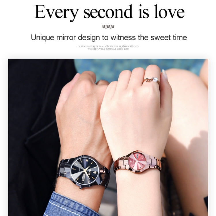 Couple wearing black and rose gold tone quartz watches on wrists with metal link straps
