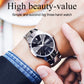 Black quartz wristwatch with luminous accents and date window, on a metal link strap
