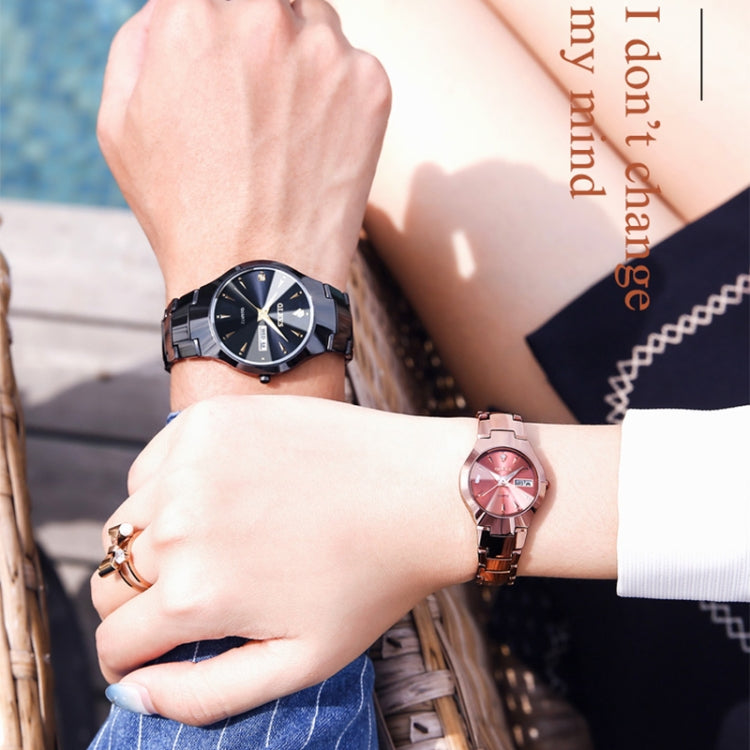 Two couple watches on wrists: black dial and rose gold pink dial with link bracelets