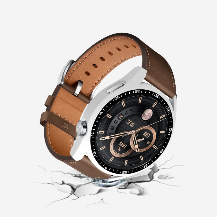 PC watch protective case with tempered glass, black bezel shield with brown leather strap
