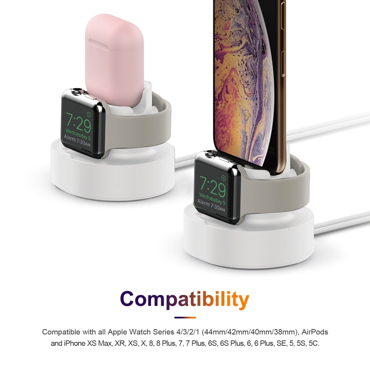 Three-in-one charging stand with Apple Watch cradle and iPhone support in white and pink