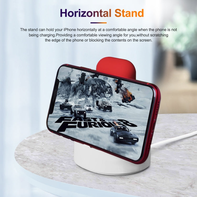 Three-in-one charging stand with white base and red phone horizontal support