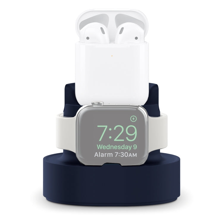 Three-in-one charging holder in white with AirPods, Apple Watch, and dock base